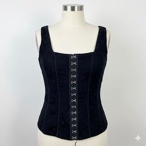 Royal Bones Black Lace Corset Bustier Top Large Square Neck Hook Front Goth Y2K